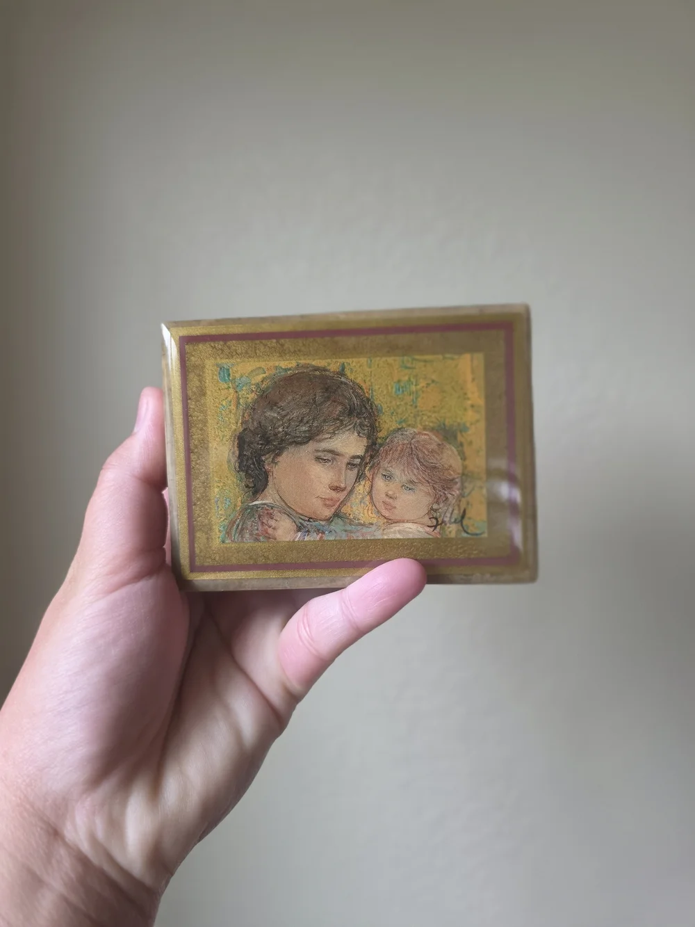 Vintage Edna Hibel Mother and Child Soapstone Trinket Box - Signed Art Lid Small